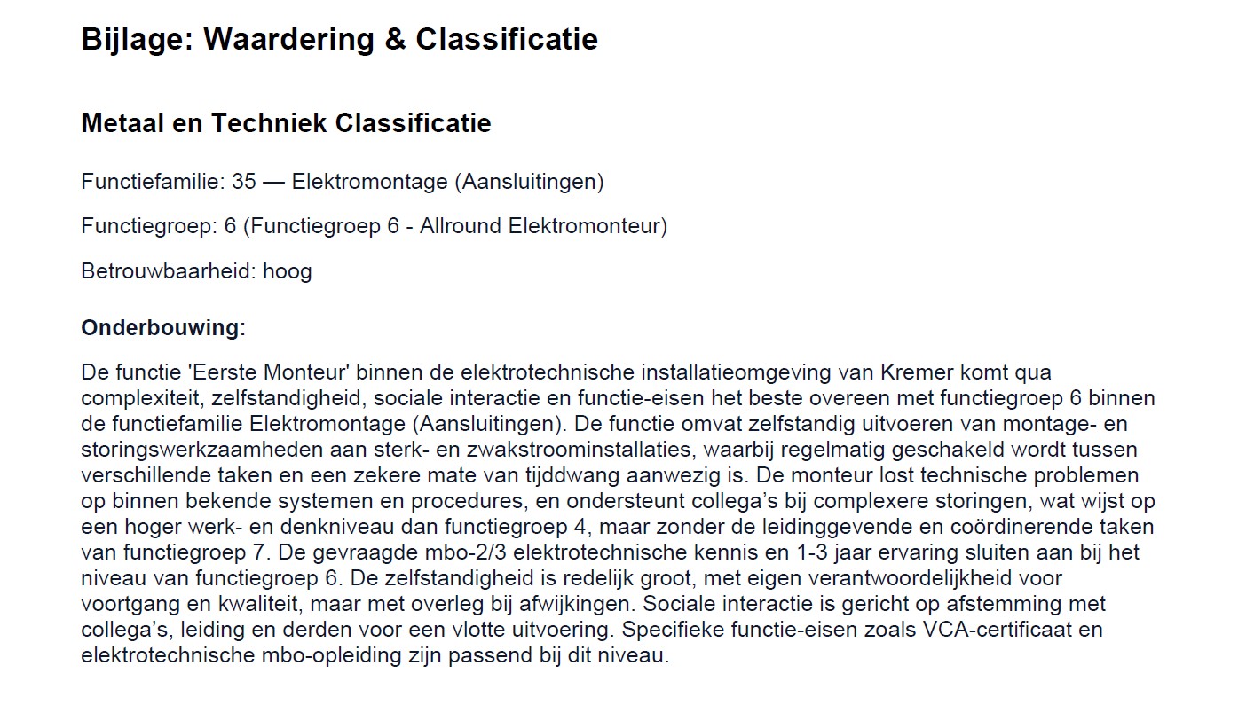 Voorbeeld CATS-classificatie met onderbouwing voor functiegroep